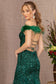 Sheer Bodice Sequin Glitter Trumpet Dress w/ Feather on Straps-8