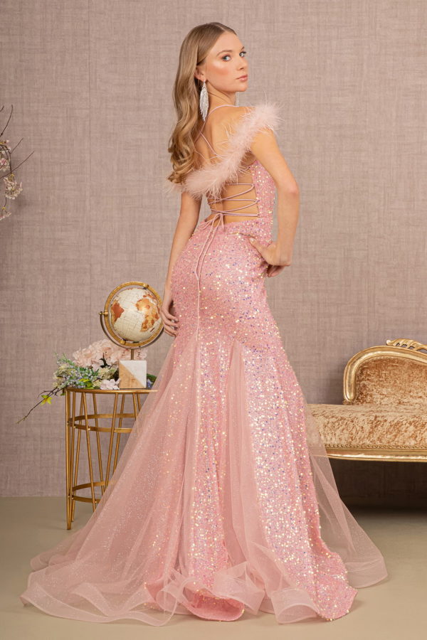 Sheer Bodice Sequin Glitter Trumpet Dress w/ Feather on Straps-9