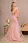 Sheer Bodice Sequin Glitter Trumpet Dress w/ Feather on Straps-9