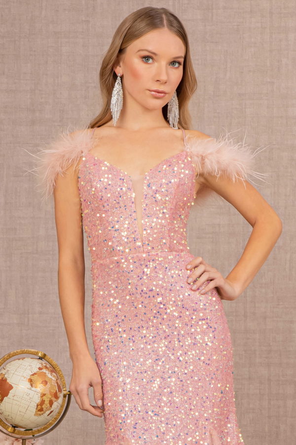 Sheer Bodice Sequin Glitter Trumpet Dress w/ Feather on Straps-10