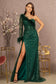 Ruched Bodice Mesh Mermaid w/ One Long Mesh Sleeve Long Prom Dress GLGL3160-11