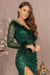 Ruched Bodice Mesh Mermaid w/ One Long Mesh Sleeve Long Prom Dress GLGL3160-8