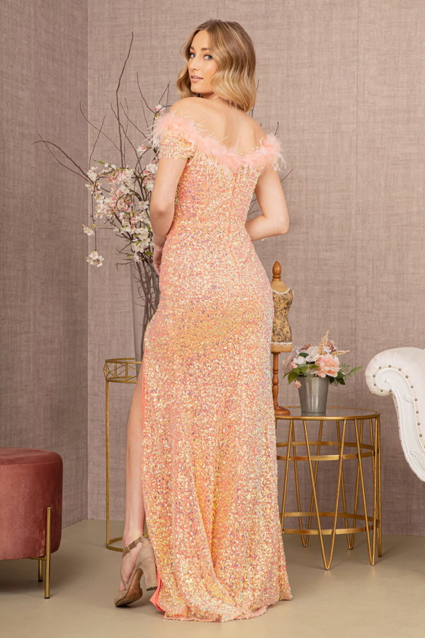 Sequin Off Shoulder Mesh Mermaid Dress w/ Feather on Neckline-6