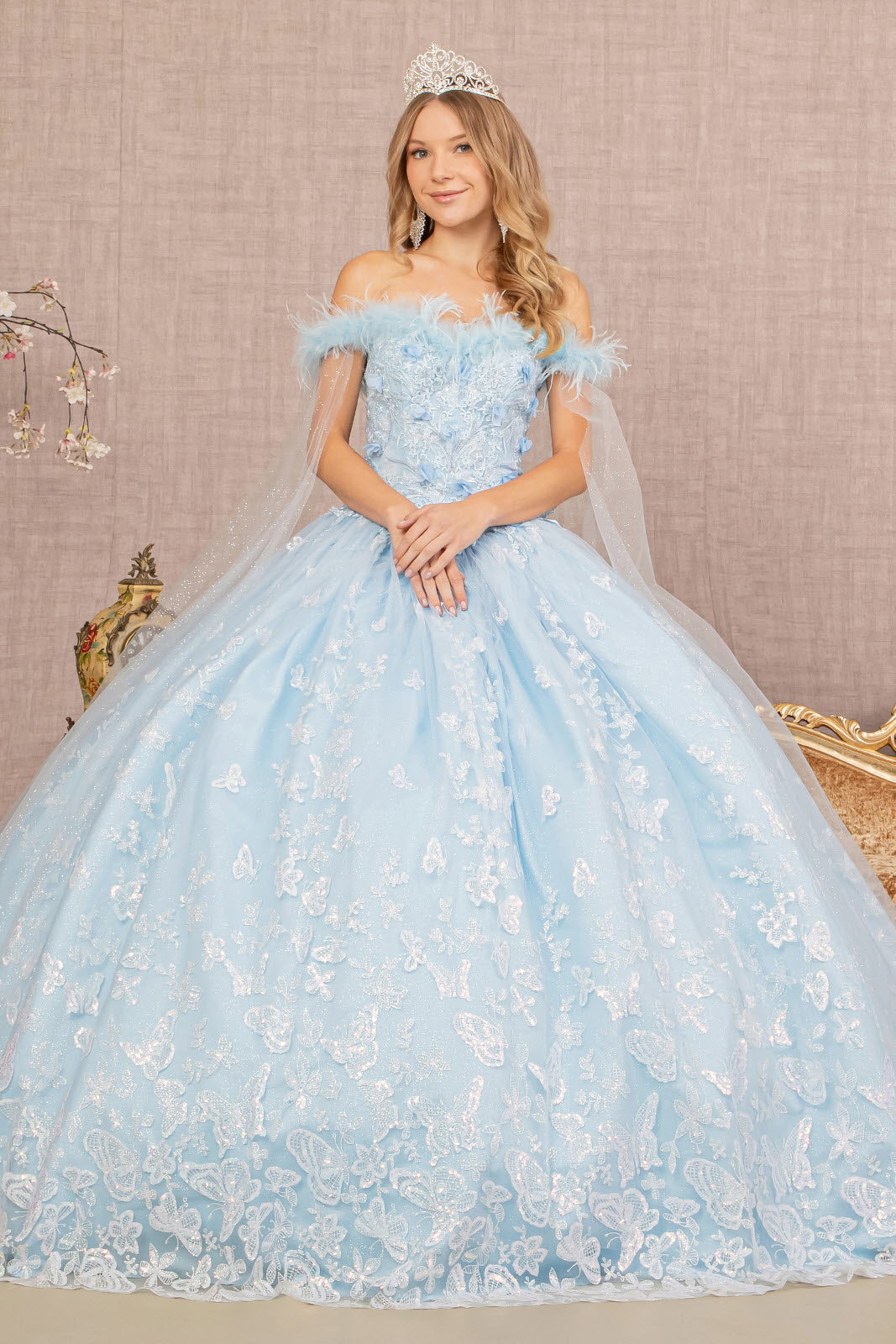 Feather 3-D Flower Quinceanera Gown w/ Detachable Side Mesh Layer-0