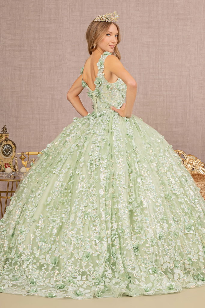 Jewel Embroidery 3-D Flower Mesh Ball Gown w/ Corset Back-1