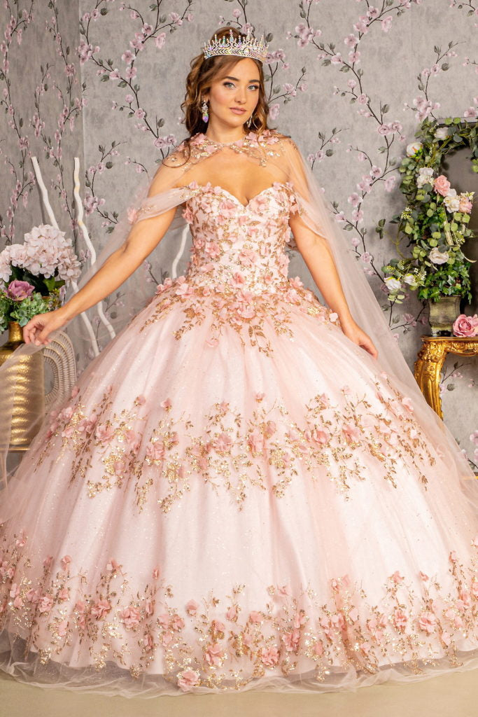 Glitter 3-D Flower Applique Mesh Quinceanera Gown w/ Long Mesh Cape-4