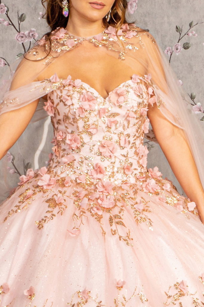 Glitter 3-D Flower Applique Mesh Quinceanera Gown w/ Long Mesh Cape-6