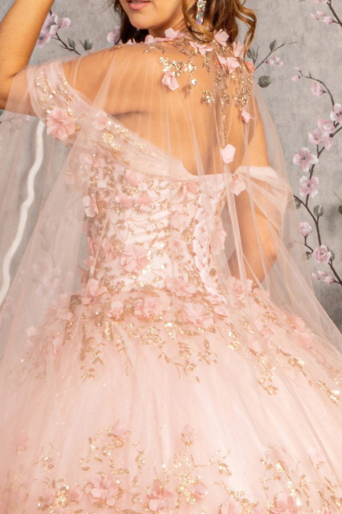 Glitter 3-D Flower Applique Mesh Quinceanera Gown w/ Long Mesh Cape-5