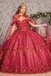 Glitter 3-D Flower Applique Mesh Quinceanera Gown w/ Long Mesh Cape-10