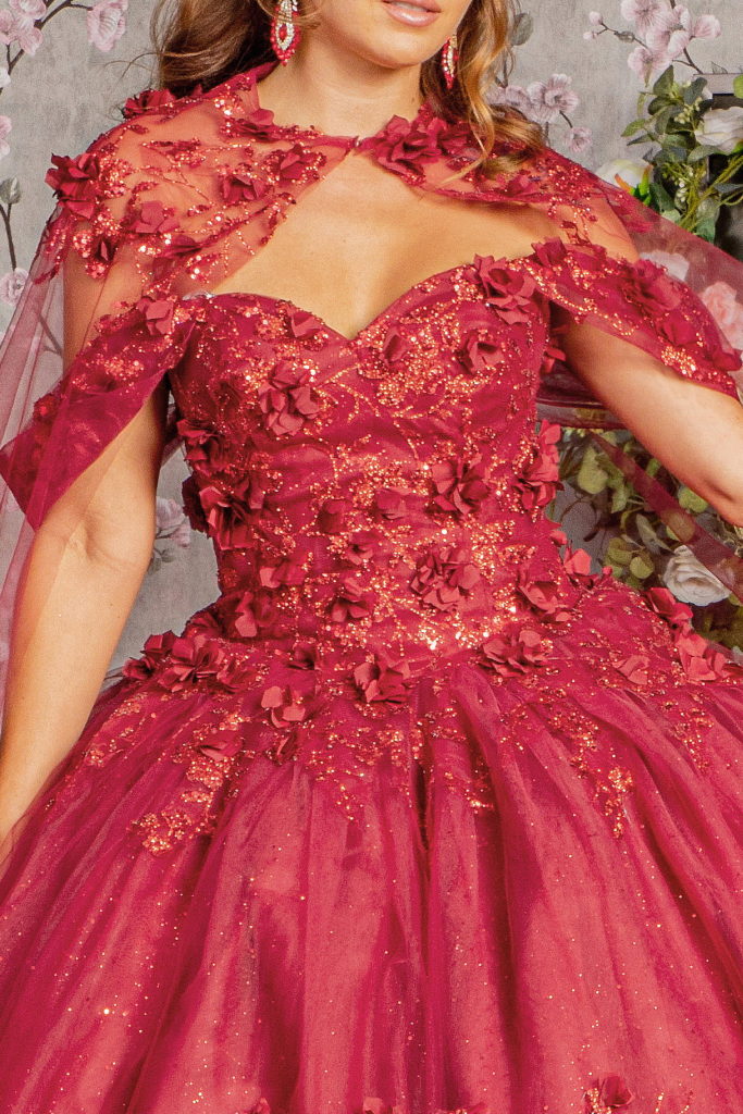 Glitter 3-D Flower Applique Mesh Quinceanera Gown w/ Long Mesh Cape-11