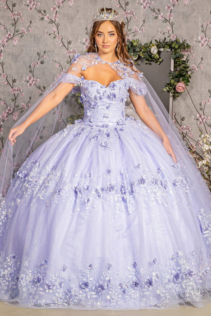Glitter 3-D Flower Applique Mesh Quinceanera Gown w/ Long Mesh Cape-2