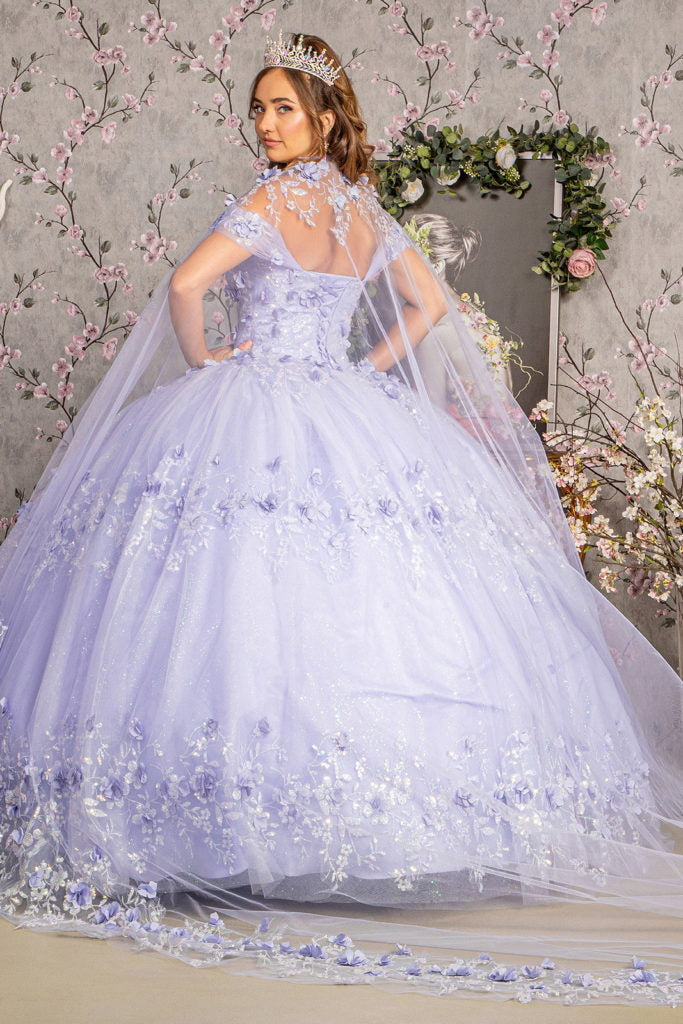 Glitter 3-D Flower Applique Mesh Quinceanera Gown w/ Long Mesh Cape-7
