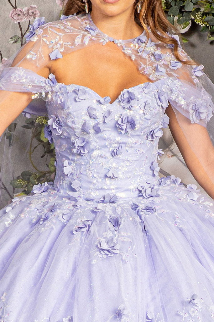 Glitter 3-D Flower Applique Mesh Quinceanera Gown w/ Long Mesh Cape-9