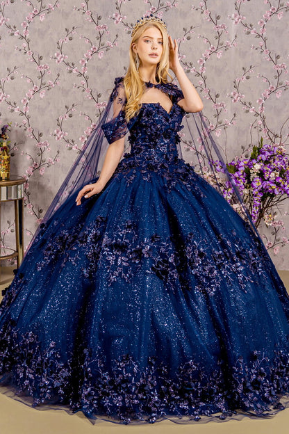Glitter 3-D Flower Applique Mesh Quinceanera Gown w/ Long Mesh Cape-0