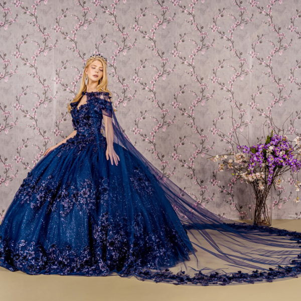 Glitter 3-D Flower Applique Mesh Quinceanera Gown w/ Long Mesh Cape-1
