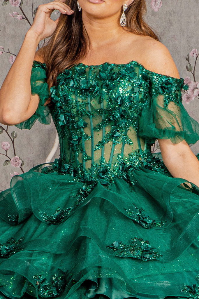 3-D Flower Applique Sheer Bodice Quinceanera Gown w/ Ruffle Skirt-11