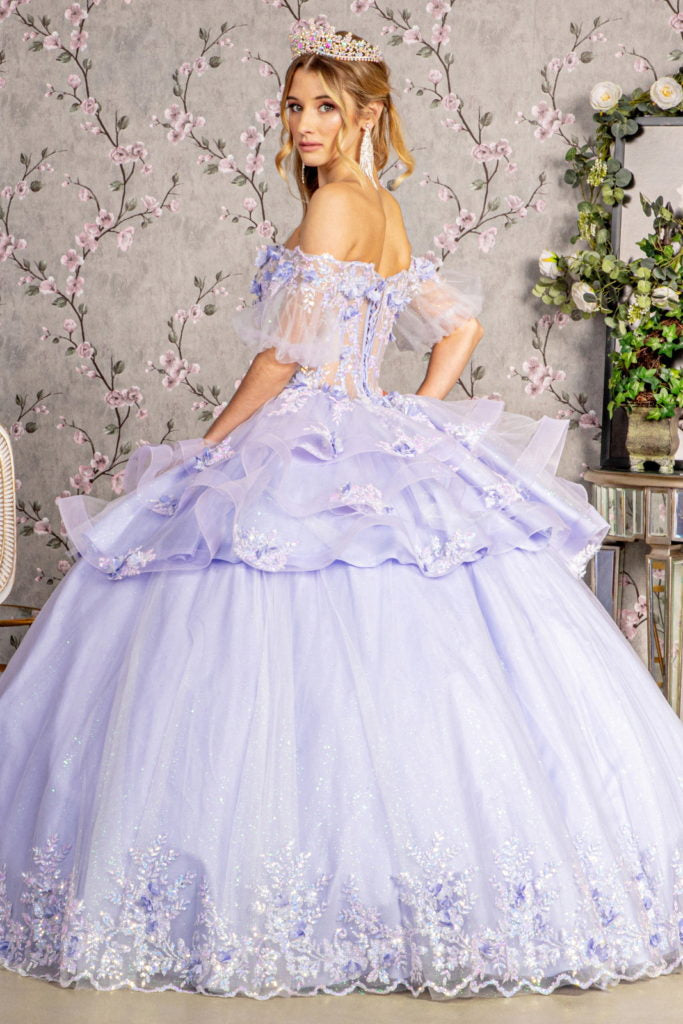 3-D Flower Applique Sheer Bodice Quinceanera Gown w/ Ruffle Skirt-6