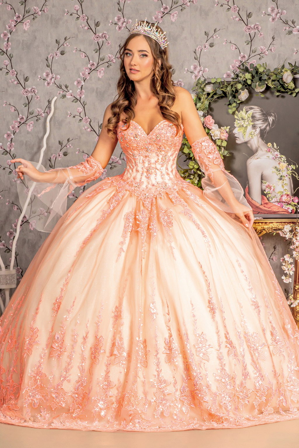 Jewel Sequin Sweetheart Mesh Ball Gown w/ Long Sheer Sleeves-0