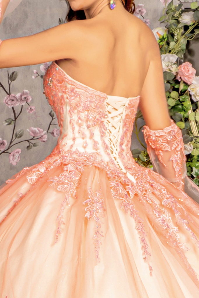 Jewel Sequin Sweetheart Mesh Ball Gown w/ Long Sheer Sleeves-3