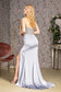Jewel Bead Ruched Side Strapless Satin Mermaid Long Dress-5
