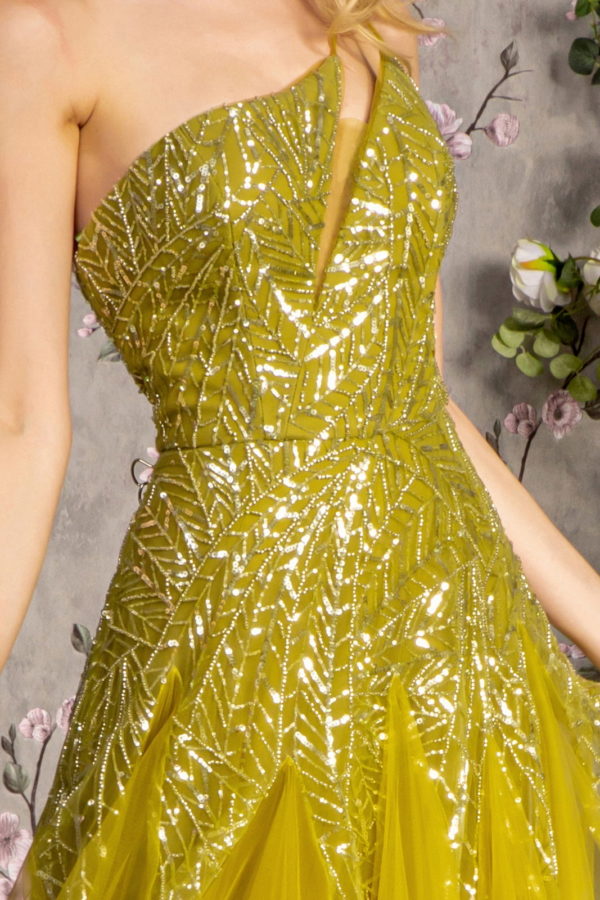 Asymmetric Sequin Sheer Cut-out Front Mesh A-line Long Dress-5