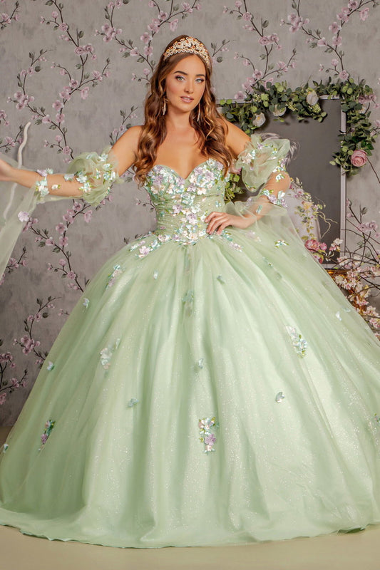 3-D Flower Ruched Bodice Mesh Ball Gown w/ Long Puff Sleeves-0