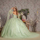 3-D Flower Ruched Bodice Mesh Ball Gown w/ Long Puff Sleeves-3