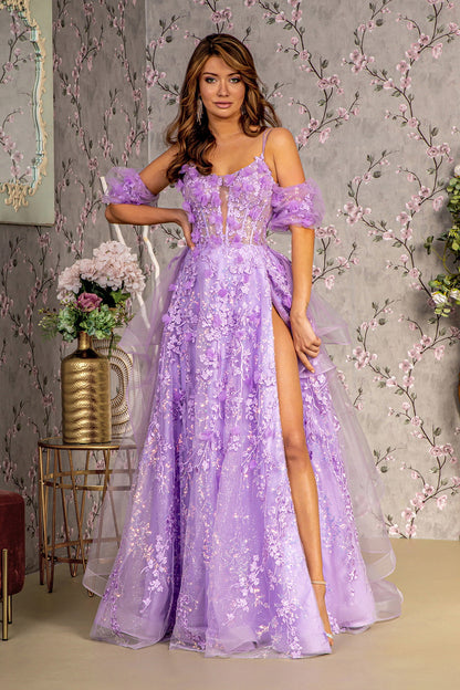 3D Flower Puff Sleeves Mesh A-line w/ Detachable Waist Drape Long Prom Dress GLGL3358-4