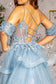 3-D Flower Puff Sleeves Mesh A-line Long Dress w/ Detachable Waist Drape-5