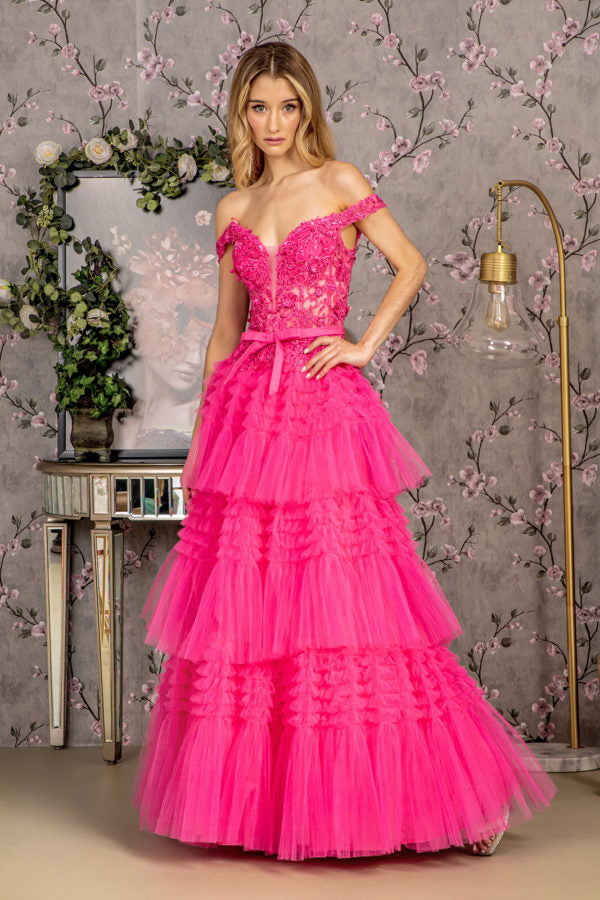 3-D Flower Off Shoulder Mesh A-line Long Dress w/ Ribbon waist Band-8