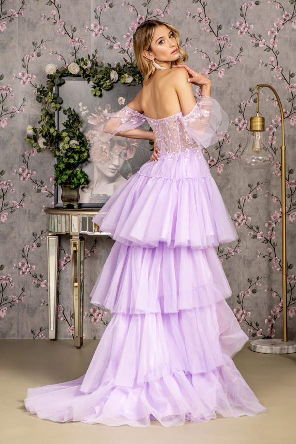 3-D Heart Applique Bead Layered Skirt Mesh A-line Long Dress-5