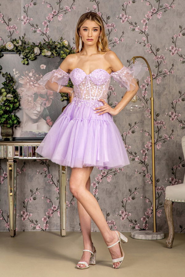 3-D Heart Applique Bead Layered Skirt Mesh A-line Long Dress-6