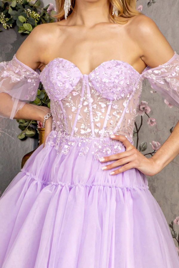 3-D Heart Applique Bead Layered Skirt Mesh A-line Long Dress-8