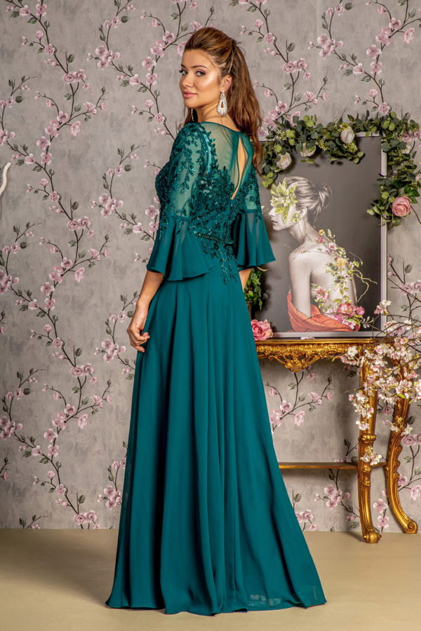 Floral Embroidery Bead Chiffon A-line Long Dress w/ Waist Band-5