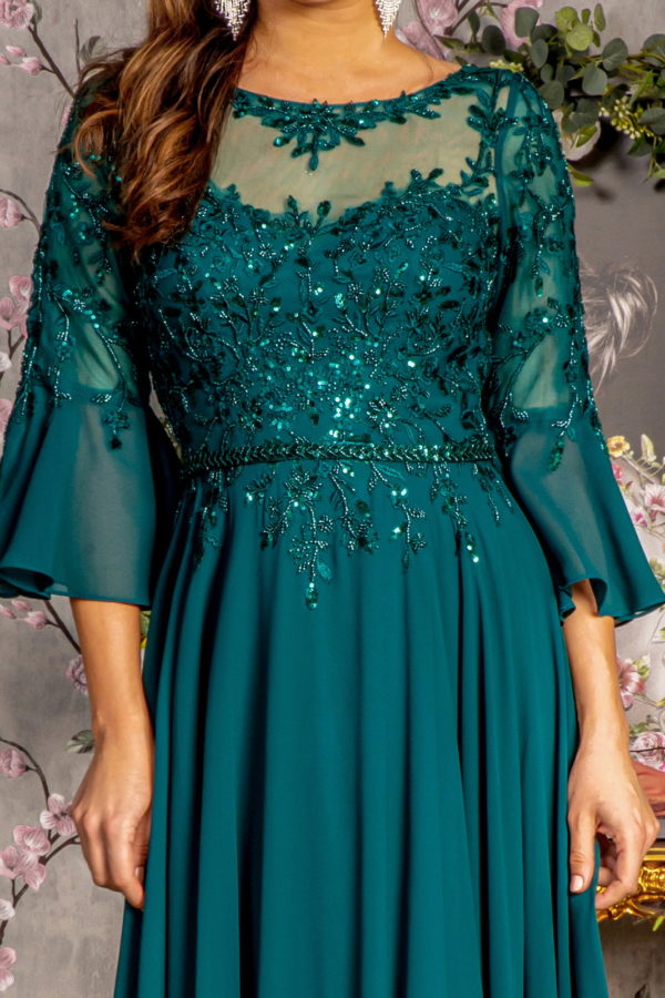 Floral Embroidery Bead Chiffon A-line Long Dress w/ Waist Band-6