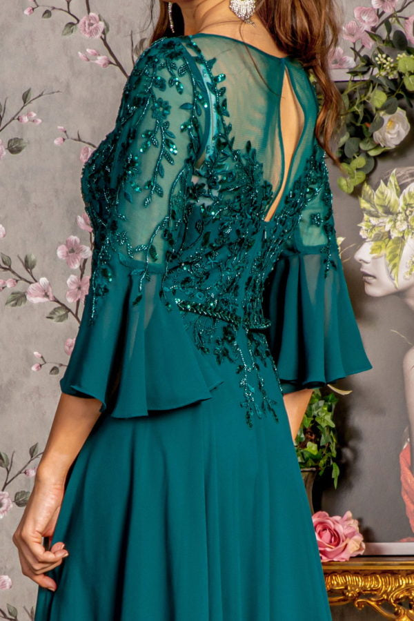 Floral Embroidery Bead Chiffon A-line Long Dress w/ Waist Band-7