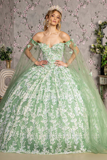 Jewel 3-D Butterfly Mesh Ball Gown w/ Long Sheer Sleeve Drapes-0