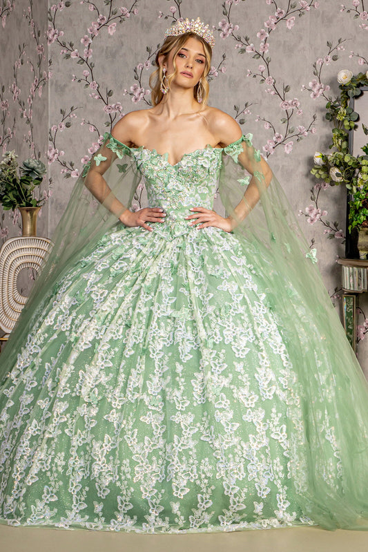 Jewel 3D Butterfly Mesh w/ Long Sheer Sleeve Drapes Long Quinceanera Dress GLGL3451-0