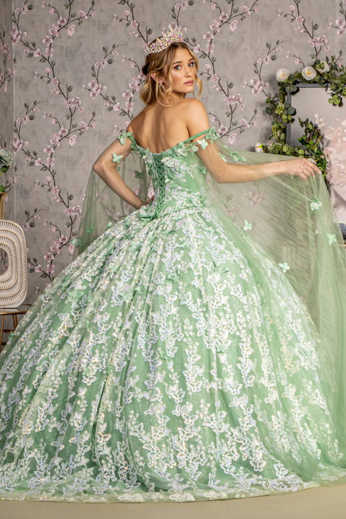 Jewel 3-D Butterfly Mesh Ball Gown w/ Long Sheer Sleeve Drapes-1