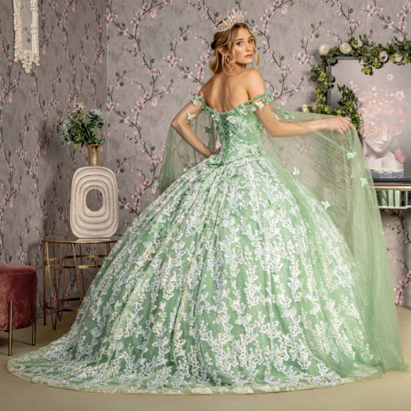 Jewel 3-D Butterfly Mesh Ball Gown w/ Long Sheer Sleeve Drapes-3