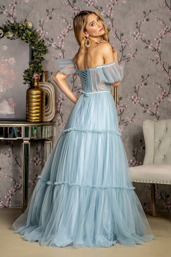 Sequin Bead Sheer Bodice Off Shoulder Mesh A-line Long Dress-5