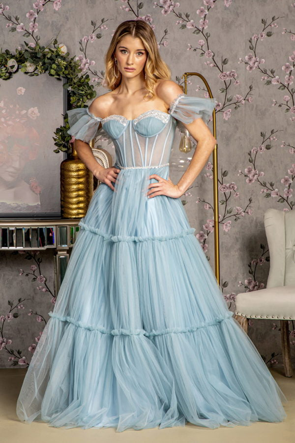 Sequin Bead Sheer Bodice Off Shoulder Mesh A-line Long Dress-6