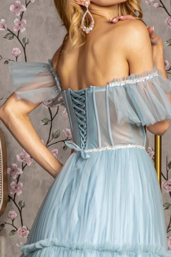 Sequin Bead Sheer Bodice Off Shoulder Mesh A-line Long Dress-8