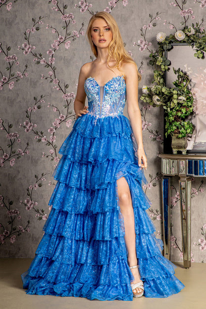 Embroidery Sequin Sheer Bodice Ruffled Skirt Mesh A-line Long Prom Dress GLGL3461-0