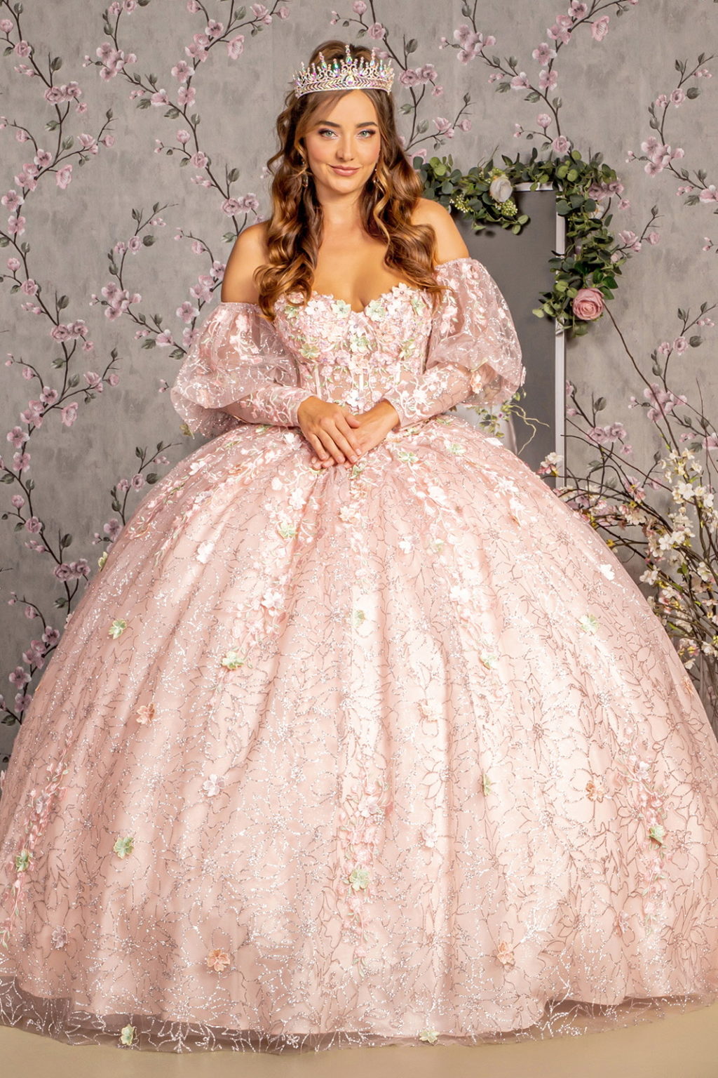 Detachable Big Ribbon Glitter Mesh Ball Gown w/ Long Puff Sleeves-0