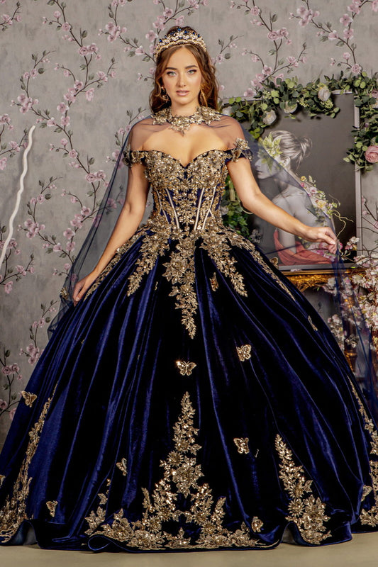 Metallic Embroidery Jewel Velvet Ball Gown w/ Long Mesh Cape-0