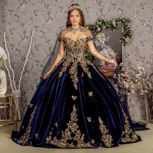 Metallic Embroidery Jewel Velvet Ball Gown w/ Long Mesh Cape-2