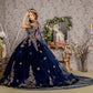 Metallic Embroidery Jewel Velvet Ball Gown w/ Long Mesh Cape-3