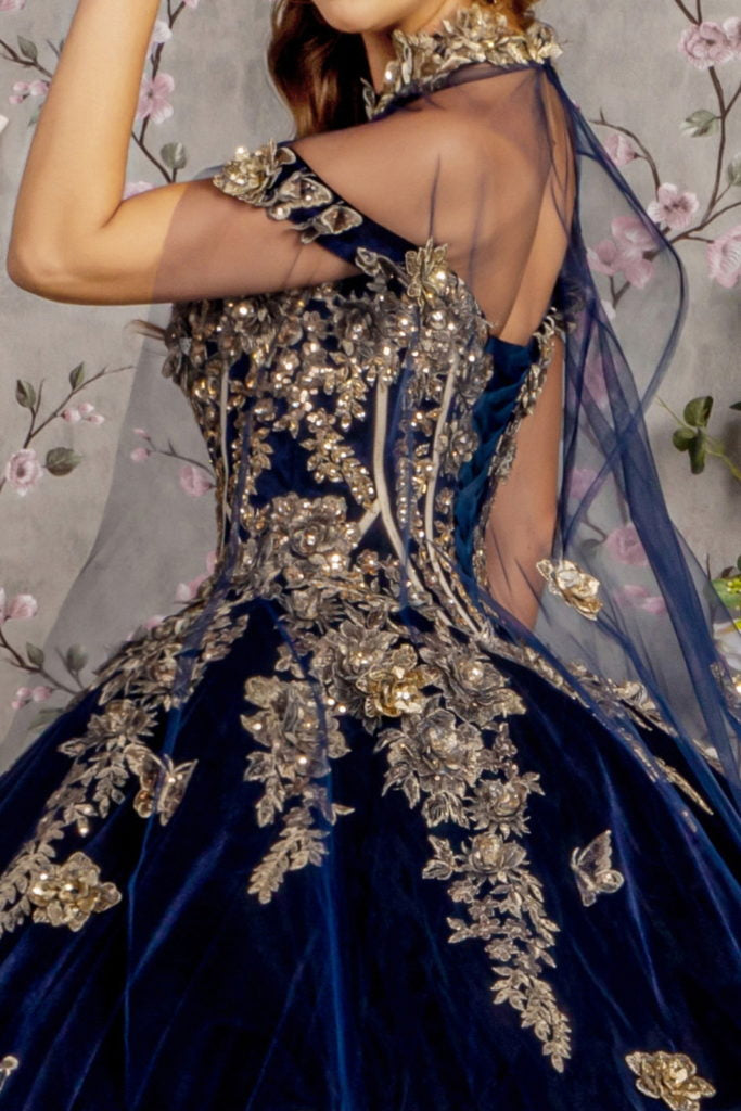 Metallic Embroidery Jewel Velvet Ball Gown w/ Long Mesh Cape-5