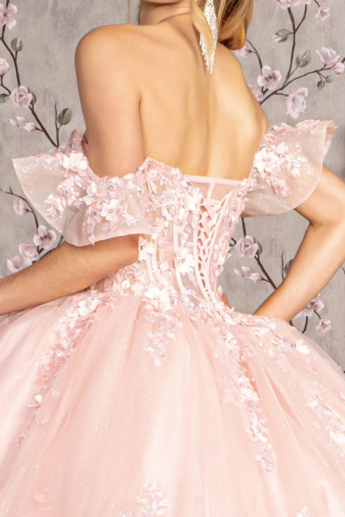 3-D Flower Illusion Sweetheart Sheer Bodice Mesh Ball Gown-5
